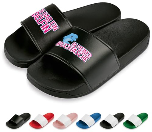 Prozente Momente Delfin in meiner Bauchtasche Badelatschen | Slipper | Schlappen | Hausschuhe | Pantoletten | Unisex | Urlaub | Malle | JGA | rutschfest