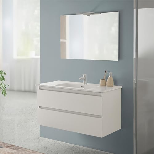Inbagno Mobile Bagno Sospeso 100 cm Rovere Bianco – Mobiletto Con Lavabo In Ceramica E 2 Cassettoni Soft-Close – Linea Nadia