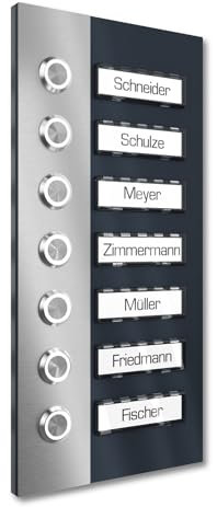 Graviers Design Sonnette de porte en acier inoxydable V2A - Montage en saillie - 7 plaques nominatives interchangeables - 140 x 290 mm - Revêtement par pulvérisation RAL 7016 - Bouton de sonnette LED