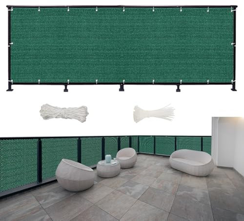 Balkon Sichtschutz Ohne Bohren 1000 x 95 cm Blickdichte Wind Uv-Schutz, Sichtschutz Balkon Ohne Bohren, mit Kabelbinder Und Kordel, für Balkon Zaun Garten, Dunkelgrün