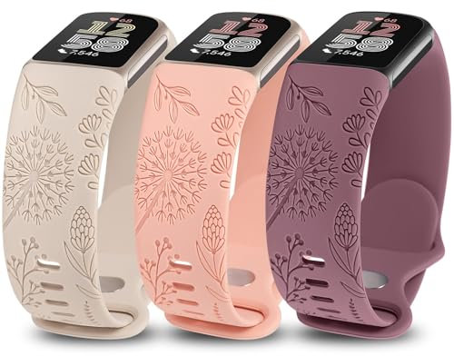 TOYOUTHS 3 Packs Floral Engraved Compatible with Fitbit Charge 5/Charge 6 Strap for Women, Soft Waterproof Silicone Sport Band with Cute Dandelion Flower Pattern, Starlight/Pink/Smoked Violet
