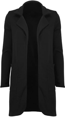 MBN Womens Collar Casual Open Front Blazer Long Sleeve Pockets Ladies Duster Cardigan Black S/M (UK 8/10)