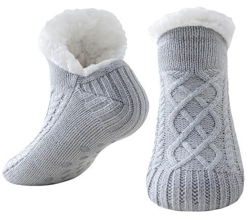 Niorasen Kuschelsocken Damen Herren, Dicke Flauschige Socken mit Greifern， Weiche Warme Winter Hüttensocken Haussocken Stoppersocken, Frauen Geschenk Geburtstag, EU 36-44, 1 Paar, Grau