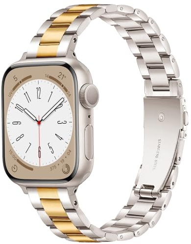 Vamyzji Slim Stainless Steel Strap Compatible with Apple Watch 42mm(Series 11/10) 41mm 40mm 38mm for Women/Men, Metal Apple Watch Strap iWatch SE SE2 SE3, Serie 11 10 9 8 7 6 5 4 3 2 1(Starlight Gold)