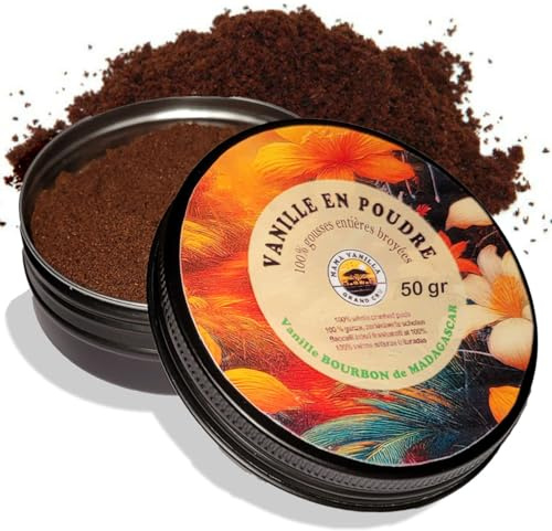 Vanille en poudre - Pot de 50g - 100% naturelle issue de gousses de vanille entières fraiches broyées - Vanille Bourbon de Madagascar - Sans additifs, sans sucre, sans conservateur.