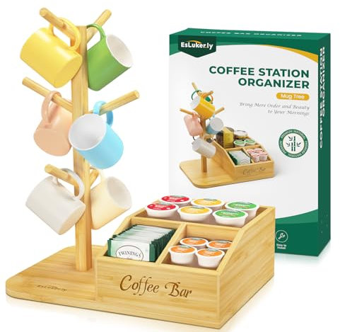 EsLuker.ly Mug Tree Coffee Mug Holder Stand, Countertop Bamboo Coffee Cup Organizer Rack for Kitchen Office, Space-Saving Wood Coffee Station Bar Organizer with 6 Hooks, Modern Design Enhances Decor