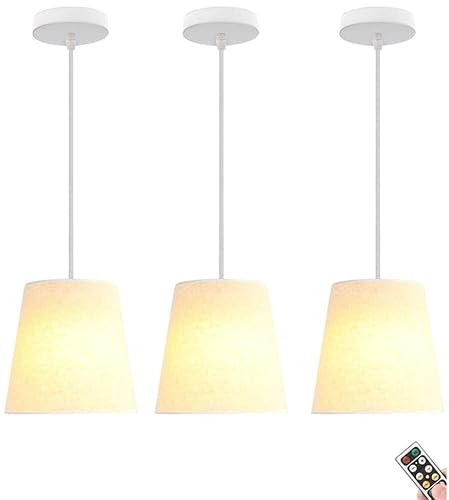 Lámpara Colgante pequeña a batería con Bombilla Recargable y Control Remoto, lámpara Colgante de Tela para Isla de Cocina sin cableado, Luces Colgantes Blancas Regulables y temporizadas para