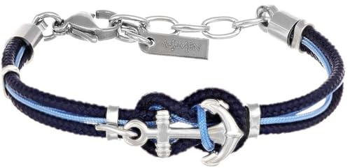 Amen Bracciale da bambino della collezione Io & Te Bracciale in acciaio lucido con cordino nautico blu e azzurro e charm a forma di ancora. Le misure sono 13 + 3 cm. La referenza è ACBRYIABLA13