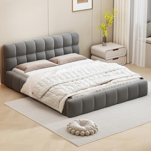 DULRLLY Bubble säng, ungdomssäng, 140 x 200, säng med ribbotten, stoppad sänggavel, dubbelsäng, sängram för sovrum och gästrum, utan madrass, linnetyg (grå)