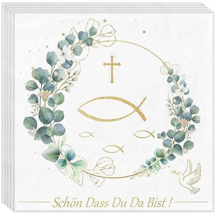 20 Stück Servietten Taufe,Servietten Kommunion Schön Dass Du Da Bist Konfirmation Eukalyptus Deko Junge Mädchen,Fisch Grün Serviette Vintage Einweg Weiß Napkin,Tischdekoration für Geburtstag Hochzeit