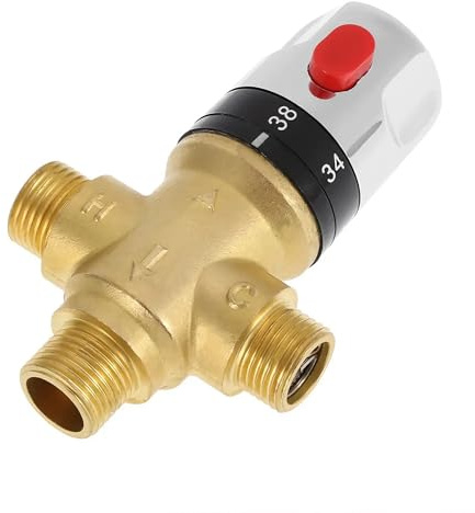 Thermostatic Mixing Valve 1/2 BSP DN15, Brass 3-Way Valve | 38°C Safety Lock, 20-50°C Adjustable, 15mm Connections, Anti-Scald Hot Cold Water Regulator for Basin Shower