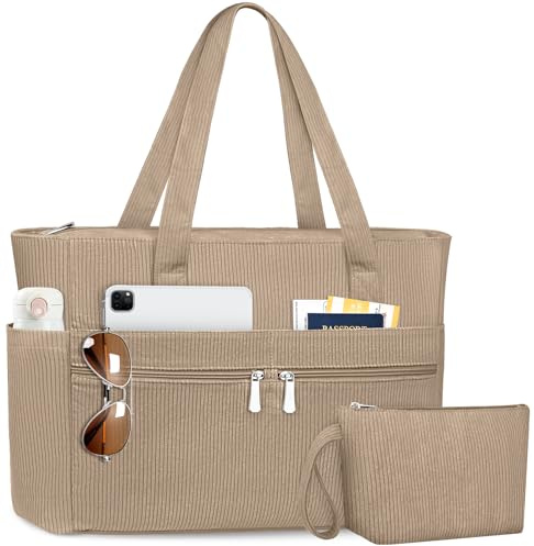 LUROON Cord Tasche Damen Groß, Laptoptasche 15,6 Zoll Leichte Handtasche Damen Groß Shopper Tasche Arbeitstasche Tote Bag Lehrertasche Schultasche für Uni Arbeit Schule Reisen