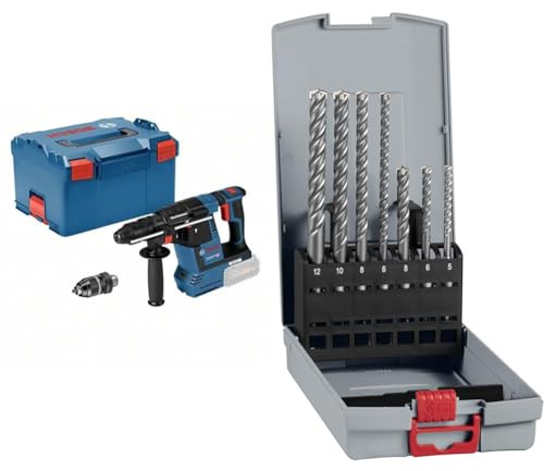 Bosch Professional 18V System Akku Bohrhammer GBH 18V-26 F (KickBack Control, inkl. Schnellspannbohrfutter 13mm) + 7x PRO SDS plus-5X Hammerbohrer-Set (für Beton, Kalk- und Sandsteine, Ø 5-12 mm)