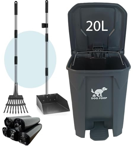 AkoSlale Dog Poo Bin for Garden with Rake Set – 20L Heavy‑Duty Dog Waste Bin, Foot Pedal, Stainless Steel Rake & Dustpan, 100 Bags, Odour‑Control Lid for Large Gardens, Lawns & Gravel