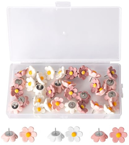 33 STK Blumige Pinnnadeln Pinnwand Blumen Pinnadeln, Pins für Pinnwandnadeln, Dekorative Reißzwecken Reißnägel Reissnägel Push Pins für Pinnwand Korktafel Fotowand Büro Haus(Weiß/Pink/Dunkelpink)