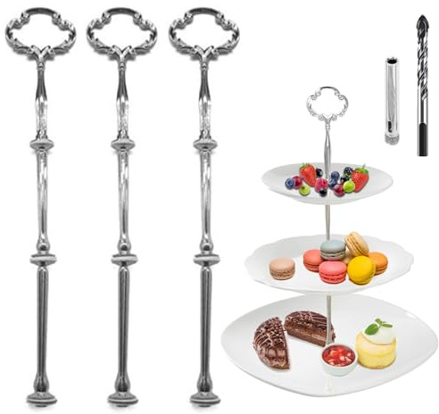 Trsnzul Etageren Stangen Set, Silber Bausatz Etagen Etageren Stäbe Etagere Bausatz Stange Metallstangen für Etagere (mit Bohrer, Blume, Silber, 3 Pack)
