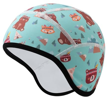 Risipu Berretto da casco per bambini, caldo, invernale, fodera per casco da ciclismo, sci, teschio, con protezione per le orecchie, berretto elastico per ragazzi e ragazze, Verde - tema foresta
