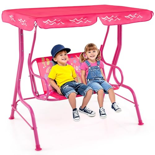 GYMAX Altalena a 2 Posti per Bambini con Tettoia Regolabile e Cinture di Sicurezza, Panchina da Giardino con Struttura in Metallo, Regalo per Bambini 3 + Anni, Per Cortile, Giardino e Prato (Rosa)