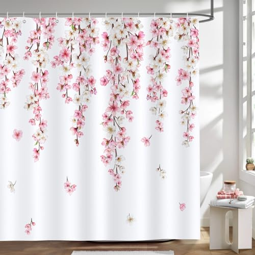 Bonhause Duschvorhang Kirschblüte Frühling Rosa Blumen Japanische Duschvorhänge 180 x 200 cm Anti-Schimmel Wasserdicht Polyester Stoff Waschbar Bad Vorhäng für Badzimmer mit 12 Haken