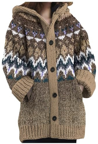 Duohropke Chaqueta de punto noruega para mujer de invierno, cárdigan de punto grueso con capucha de alpaca multicolor largo, jersey de punto con capucha con botones jacquard, sudadera cálida de punto