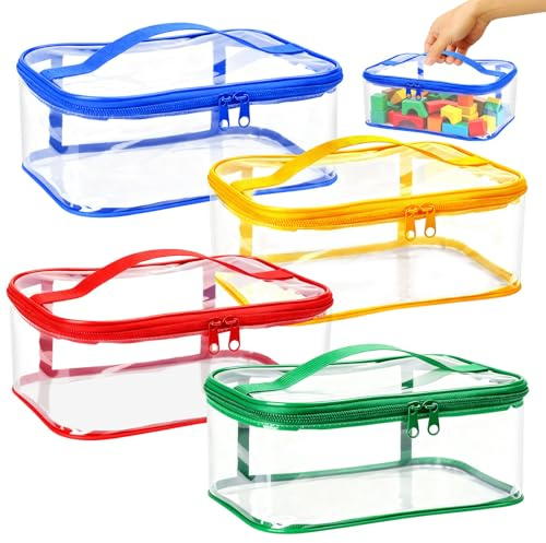 4 stycken PVC-förvaringsväskor för leksaker, 24 × 17 × 10 cm transparent leksaksförvaring med dragkedja och handtag, vattentäta leksaksförvaringsväska för pussel, byggstenar