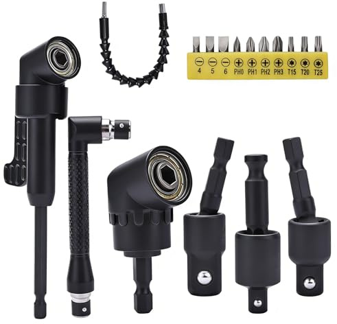 17Pcs Flexible Drill Bit Extension Set with 2 hex shank 105° right angle drill attachments, 3PCS 360° Rotatable Socket Adapter, 90° Angled Bits with a flexible extension and 10 short screwdriver bits