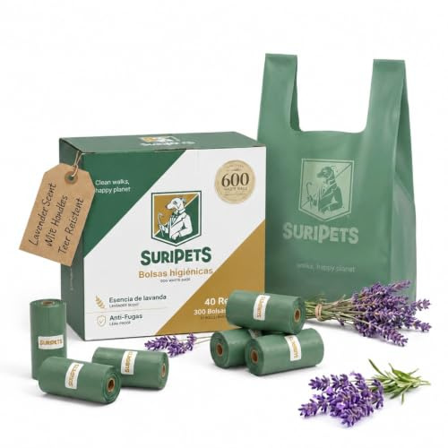 SuriPets Hundbajspåse med handtag, lavendeldoft – 600 bajspåsar (40 rullar x 15 påsar) – rivtålig, läckagesäker, dispenserkompatibel, 15 mikron