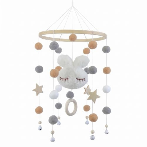 DiiWmme Hasen-Kopf Mobile, Filzstern & Glocke – Baby Mobile für Babybett | mit geschlossenen Augen, Handgemachtes, aus Bambusring, babyzimmer deko für neugeborene, beruhigendes Windspiel, 50cm