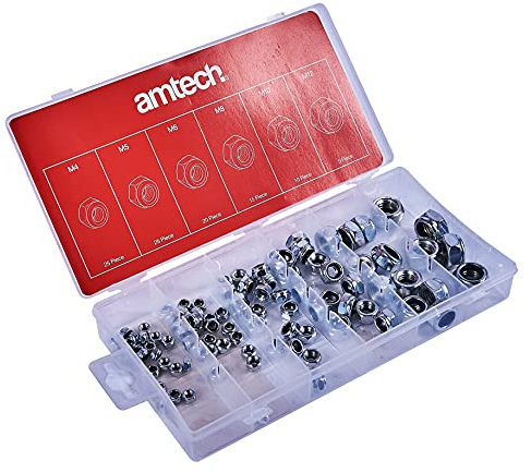 Amtech S6220 Assorted Locking Nuts, 100 piece Nylon Inserts, M4, M5, M6, M8, M10, M12, Anti Rust Design