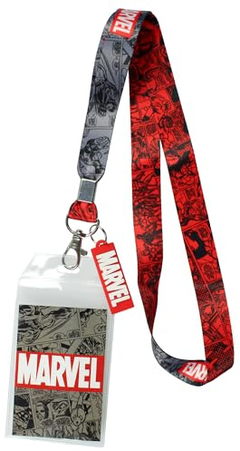 Bioworld Marvel Lanyard ID Badge Holder, 2 Rubber Charm Pendant With Raised Script And 2 Sided Vintage Comic Strip Pattern