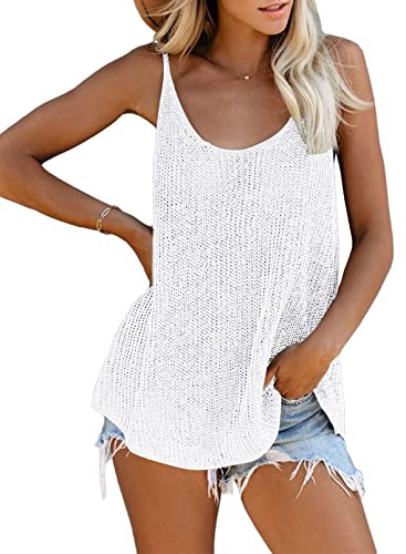 Uusollecy Top Damen Sommer Stricktop U-Ausschnitt Spaghetti Ärmellose Oberteile, Casual Loose Camisole Tops für Damen, Weiß S