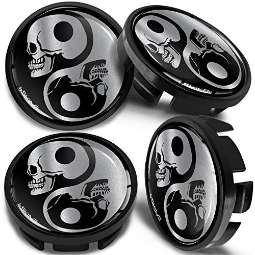 SkinoEu 4 x 65mm Tapas de Rueda de Centro Centrales Llantas Aluminio Compatibles con Tapacubos VW Número de Pieza 3B7601171 / 6U7601171 Negro Plata Cráneo Yin Yang CVZ 2