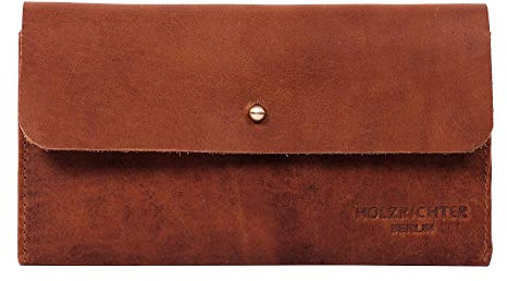 HOLZRICHTER Berlin – Mittelgroße Damen Geldbörse aus Leder (No 4-1), Vintage, 11x19x1,5cm, Edles Portemonnaie mit 6 Kartenfächern, Außen- und Münzfach, Knopfverschluss, Geldbeutel in Cognac