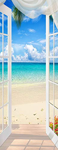 A.Monamour Türtapete Selbstklebend Türfolie Türposter 3D Blick Auf Das Meer Am Blauen Ozeanstrand Von Der Natur Offenen Fensters Vinyl Folie Türdeko Tapete Wandbild Türaufkleber Türtattoo 77 x 200 cm