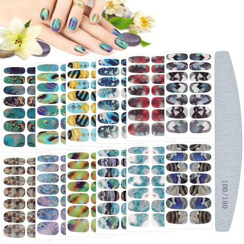Kalolary Full Wraps Nail Stickers Decals, 12 Sheets Marble Self Adhesive Nail Polish Stickers Manicure Kits with 1 Piece Nail File for Women Girls Nail Art Decoration | Marble Self Adhesive Nail Polish Stickers Manicure Kits with 1 Piece Nail File for Women Girls Nail Art Decoration