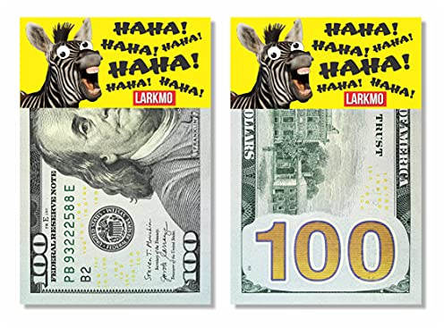 Larkmo The Pranking Zebra Funny $100 Gag, Realistic One Hundred Dollar Bill Joke Office Prank for Men, Women & Children, Great Practical Joke, Kit of 50 Pieces