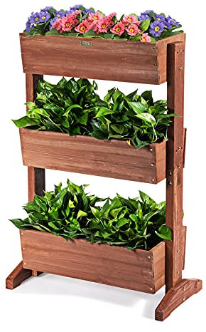 COSTWAY vertikales Hochbeet mit 3 Etagen, Blumenbeet mit 3 verstellbaren Pflanzkästen & Ablauflöchern, Blumentreppe Gartenbeet Tannenholz, Blumenkasten für Terrasse Balkon Garten, Braun (71x38x105cm)