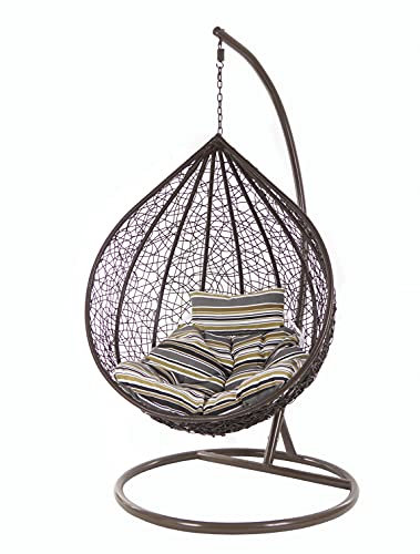 KIDEO Komplettset: XXL Hängesessel mit Gestell & Kissen, Korbsessel, Poly-Rattan, braun, groß (Kissen: Chesterstepp gestreift [7891 Terra])
