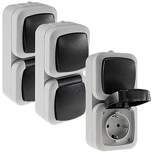 Feuchtraum Steckdose mit Schalter 2-fach Kombination 3Stück Aufputz 250V / 10A / 16A IP44 Spritzwasser geschützt Grau