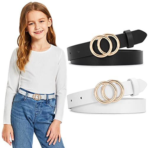 SUOSDEY 2 Stück Gürtel Mädchen Kinder Ledergürtel mit Doppel O-Ring Schnalle für Kleider Hosen Jeans