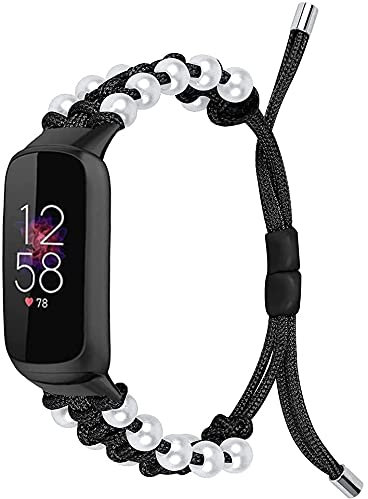 Giaogor Bracelet Compatible with Fitbit Luxe Fashion Handmade Elastic Stretch Bead Replacement for Fitbit Luxe Fitness Tracker with Black Stainless Steel Adapter (Black)