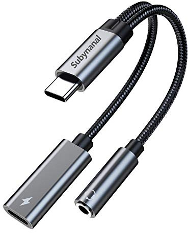 Subynanal USB c to 3.5mm Headphone and Charger Adapter,2 in-1 USB C PD 3.0 Charging Port to Aux Audio Jack and Fast Charging Dongle Cable Cord for iPhone 17 Iphone16, iPhone 15, Galaxy (Gray)