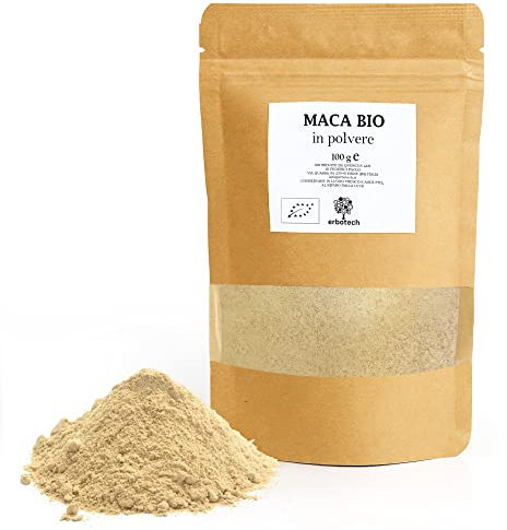 ERBOTECH, Maca Peruviana BIO in Polvere, Busta da 100 g, Ricca Fonte di Minerali, Vitamina B, Vitamina C, Vitamina E, Senza Glutine, Adatto a Vegetariani e Vegani