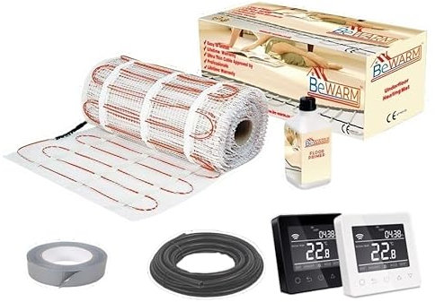 BeWarm Electric Underfloor Heating Kit, 100w / m2 Sticky Mat (10m2, Smart Black WiFi Thermostat)
