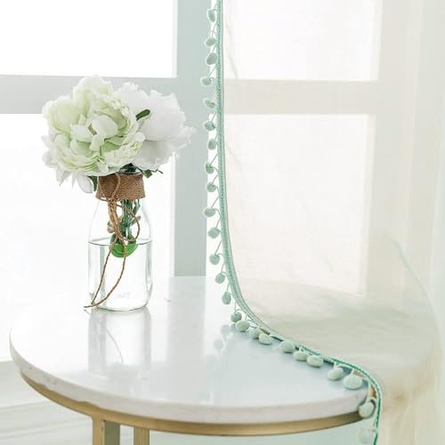 Urban Space Mintgrün durchscheinender Vorhang 160 cm lang für Fenster Leinen strukturiert durchsichtige Vorhänge mit Ösen für Küche Wohnzimmer - 2er Set Vorhänge mit Pom Pom (Minzgrün 160 x 119 cm)