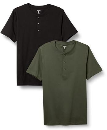Amazon Essentials Maglietta Serafino A Maniche Corte in Cotone vestibilità Slim-Fit Uomo, Pacco da 2, Nero/Verde Oliva, L