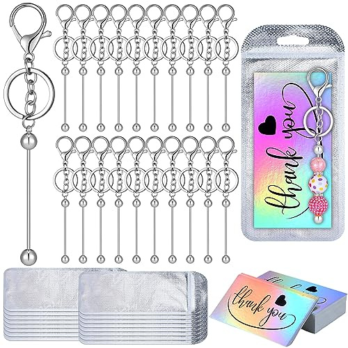 Sasylvia 60 Pcs Beadable Keychain Bars Bulk Making Kit 20 Beaded Keychain 20 Bag 20 Thank You Cards for DIY Keyrings Charms(Silver)