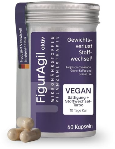 AgilNature Glucomannan Kapseln I 60 vegane Kapseln mit Konjak, Grünem Kaffee & Grünem Tee I Unterstützt Gewichtsverlust im Rahmen kalorienarmer Ernährung I Für Stoffwechsel I Made in Germany
