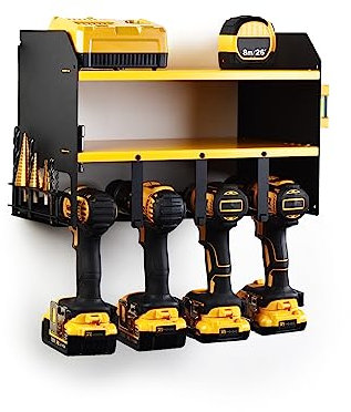 JBI MegaMaxx Power Tool and Drill Storage Unit Charging Station for 4 Tools and 2 Shelf - Wall Mount Toolbox and Accessories Rack Cabinet for Workshop, Garage, Shed, Van, Drill Driver