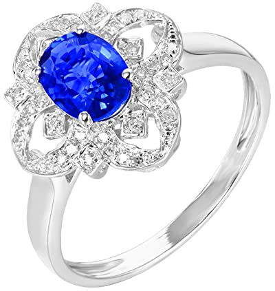 KnSam 18K Weißgold Trauringe Frauen, Labor Erstellt Saphir Solitärring 1.08ct Blau Hohl Design Blumen 750 Weißgold Diamantring mit Moissanit Echtgold Schmuck, Gr.51 (16.2)